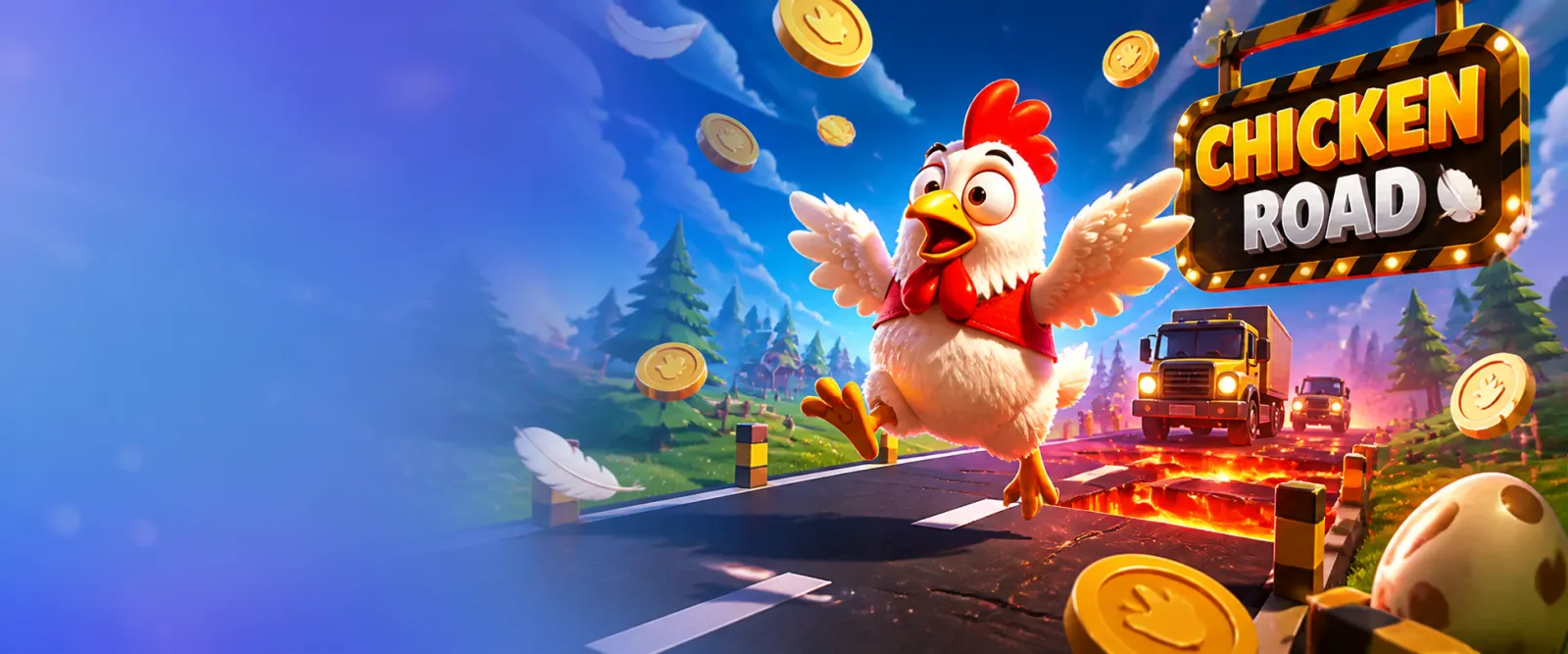 Colorful arcade-style banner for Chicken Road game featuring road lanes, feathers, coins, and playful energy.