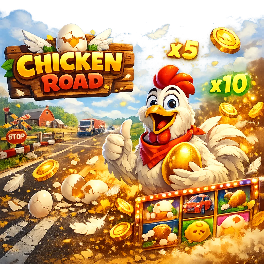 Bright, dynamic promotional image featuring a funny chicken crossing road lanes with eggs, feathers, and floating coins.