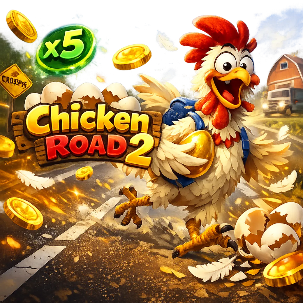 Dynamic promotional image for Chicken Road slot featuring a funny chicken, road lanes, eggs, and bright energy